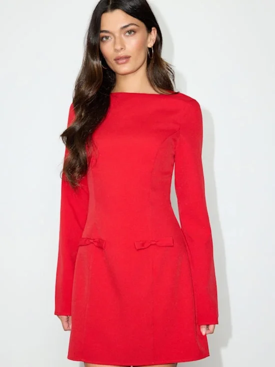 Lulus Pemberton Red Boat Neck Long Sleeve Mini Dress - Size L - Picture 1 of 1